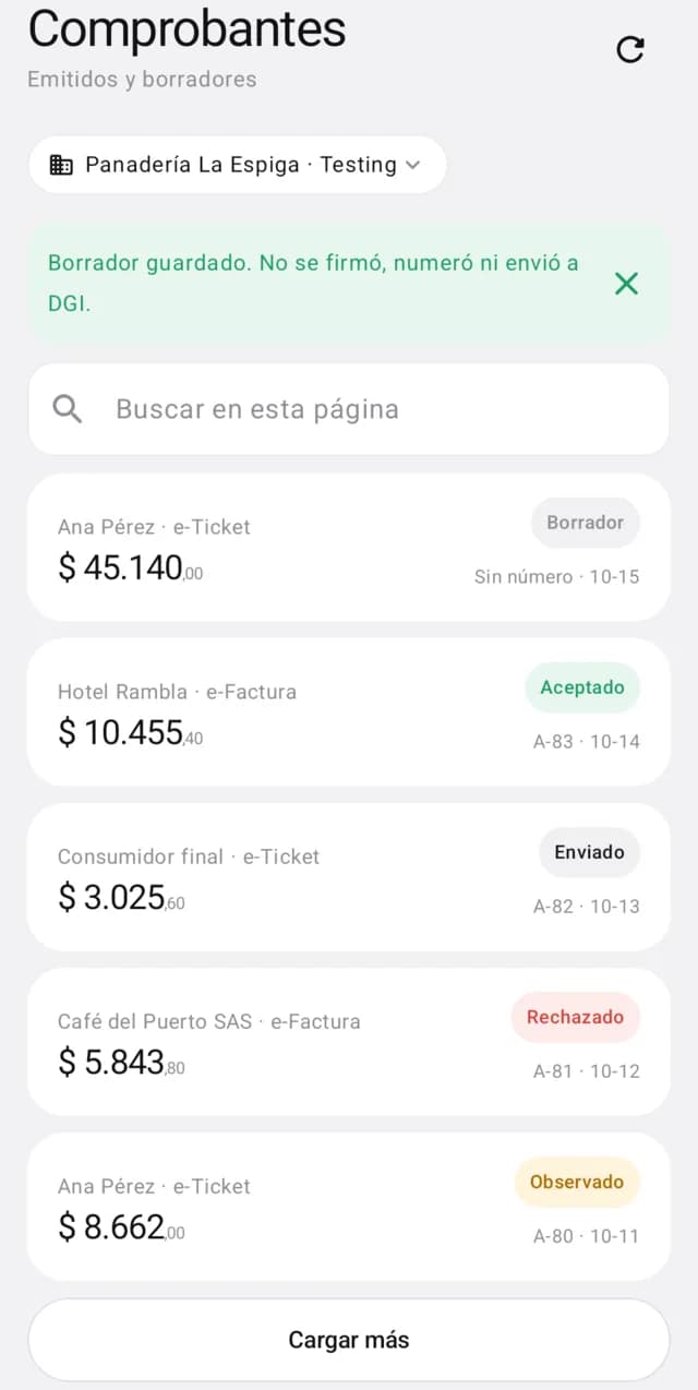 Lista de comprobantes en la app con importes y estados de DGI