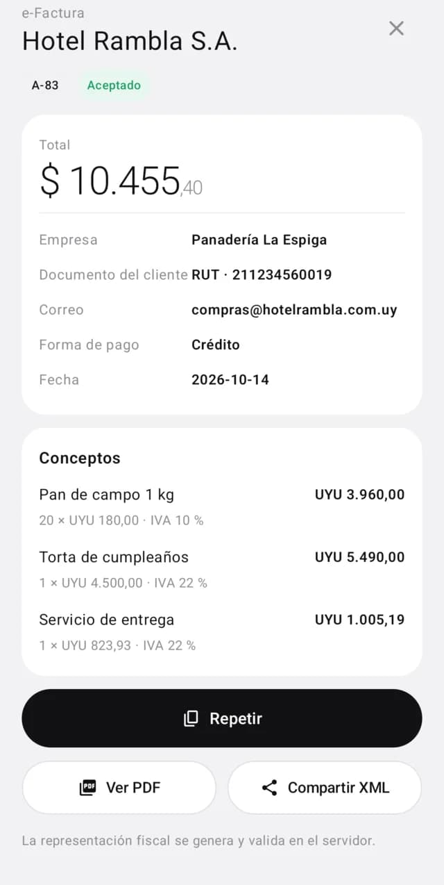 Detalle de un comprobante en la app con total, conceptos y opciones para repetir o compartir