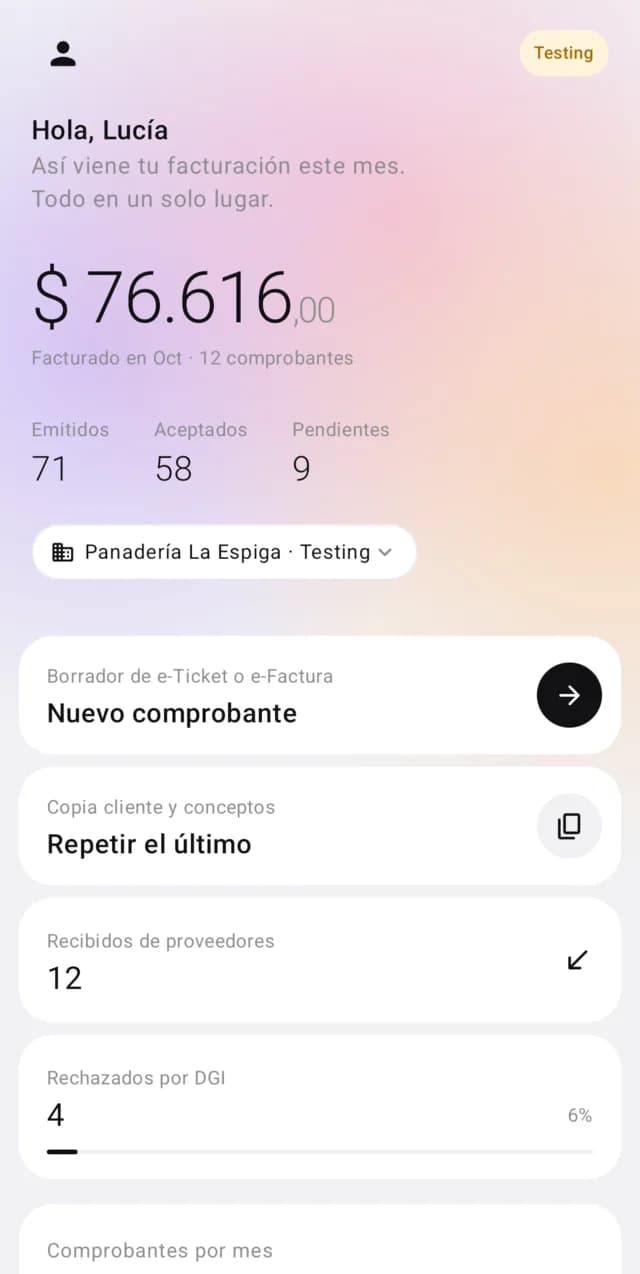 App de Factumel en el celular: inicio con lo facturado en el mes y accesos para crear un comprobante